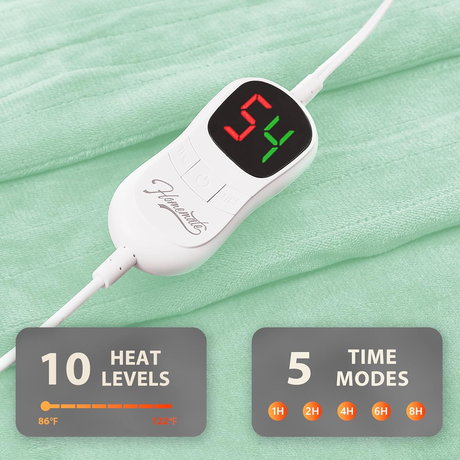Homemate Electric Heated Blanket Queen Size - 84"x90" Heating Blanket Queen Size Dual Control 1/2/4/6/8 Hours Auto-Off 10 Heat Level Over-Heat Protection Flannel Sherpa ETL Certification