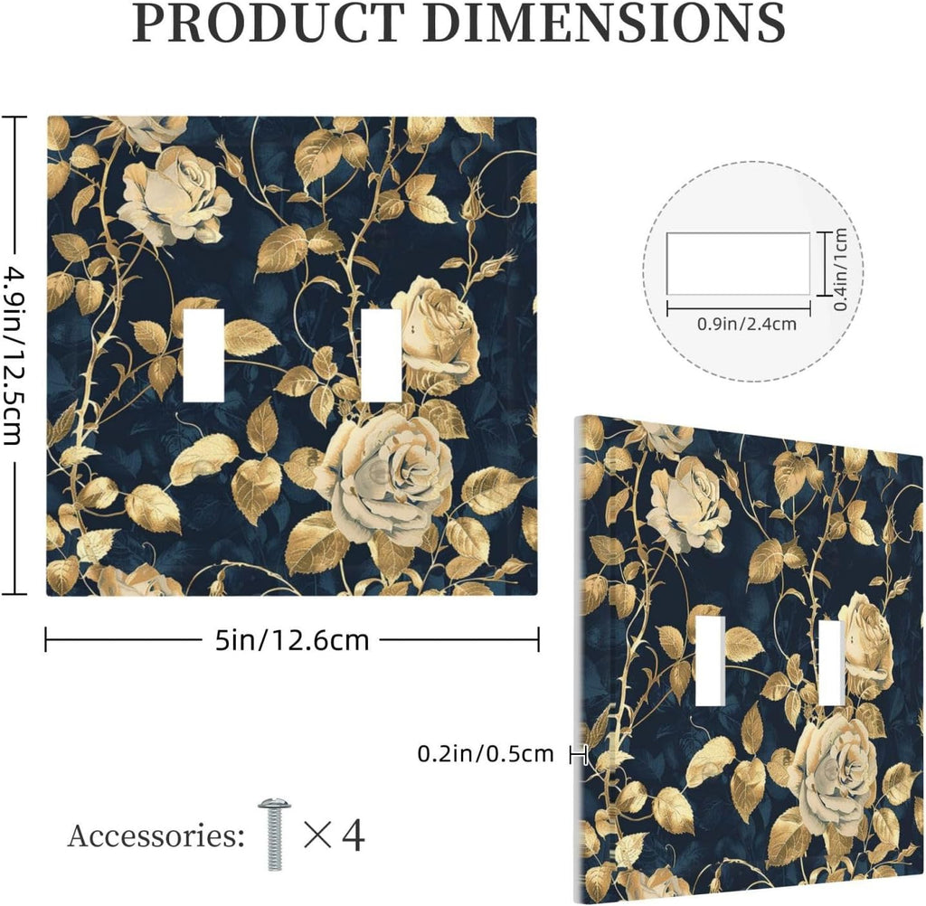 Decorative Switch Plates Boho Vintage Floral Golden Flower Dark Blue Background 2 Gang Double Toggle Outlet Light Switch Cover Wall Plate Electrical Faceplate for Bedroom living Room Decor