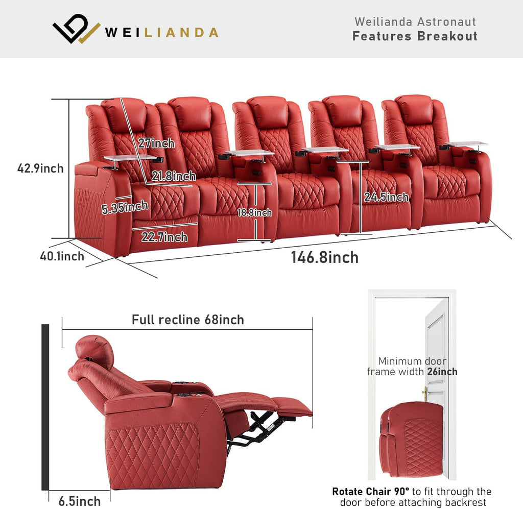 Weilianda Home Theater Seating Top Grain Leather Zero Gravity Recliner Chair Power Headrest Recline Movie Seat Gaming 7 Colors Mood Light Sofa with Tray Table USB Charge Row of 5 Loveseat Left Red