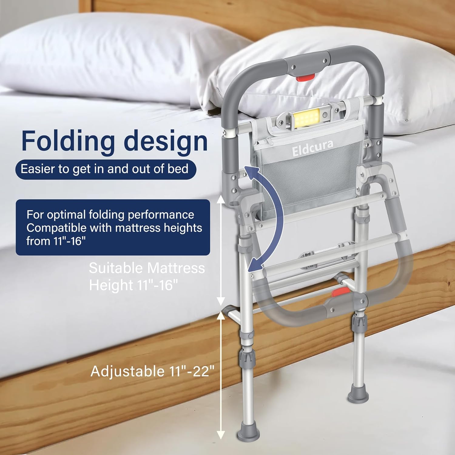 Foldable Bed Rails for Elderly Adults Safety - Heavy Duty Bed Rail for Seniors with Adjustable Height,Bed Side Rails with Motion Sensor Light and Storage Pocket,Fits King Queen Full Twin Beds,400LBS