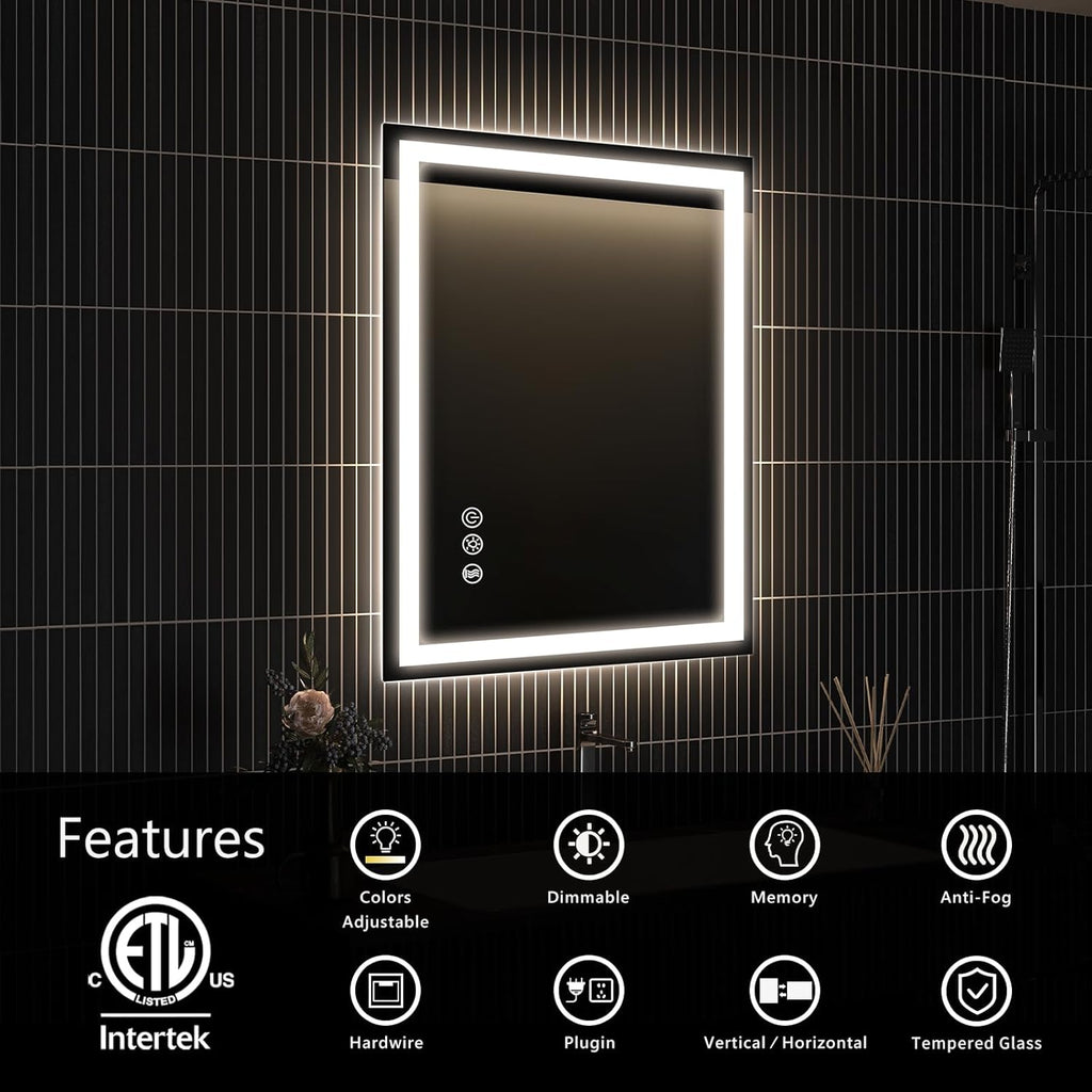 APRILSOUL 20x28 Inch LED Bathroom Mirror with Front and Backlit, Makeup Mirror with 3 Color Lights, Memory Function, Anti-Fog and Dimmable Light (Horizontal/Vertical)