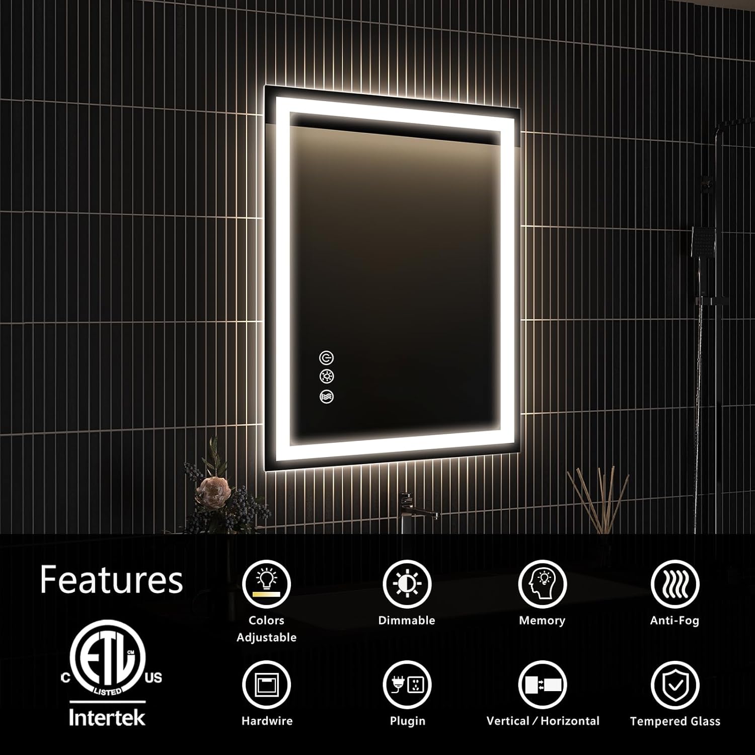 APRILSOUL 20x28 Inch LED Bathroom Mirror with Front and Backlit, Makeup Mirror with 3 Color Lights, Memory Function, Anti-Fog and Dimmable Light (Horizontal/Vertical)