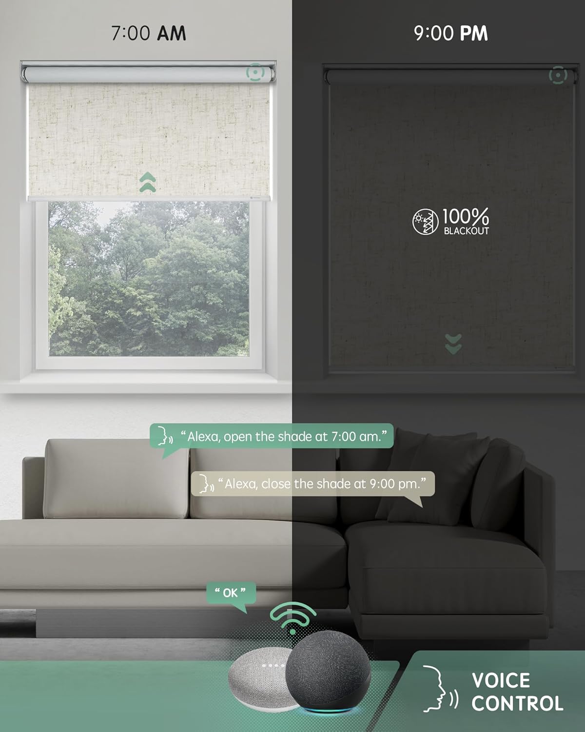 Yoolax Motorized Roller Shades, Blackout, Cordless, Smart, Energy Efficient, Linen Beige, 50"W x 72"H, Compatible with Alexa