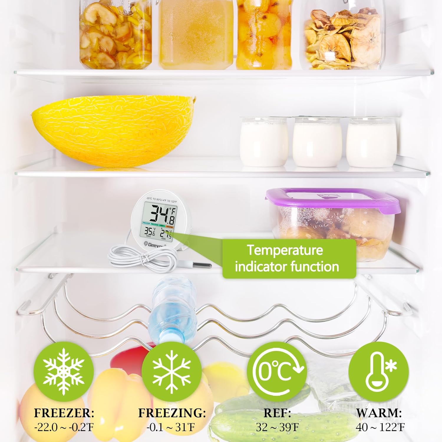 Geevon Refrigerator Thermometer 2 Pack IP65 Waterproof, with External Sensor, Fridge Temperature Monitor for Home Commercial, with LCD Screen, Stand and Magnetic Back, for Refrigerator, Freezer scenes