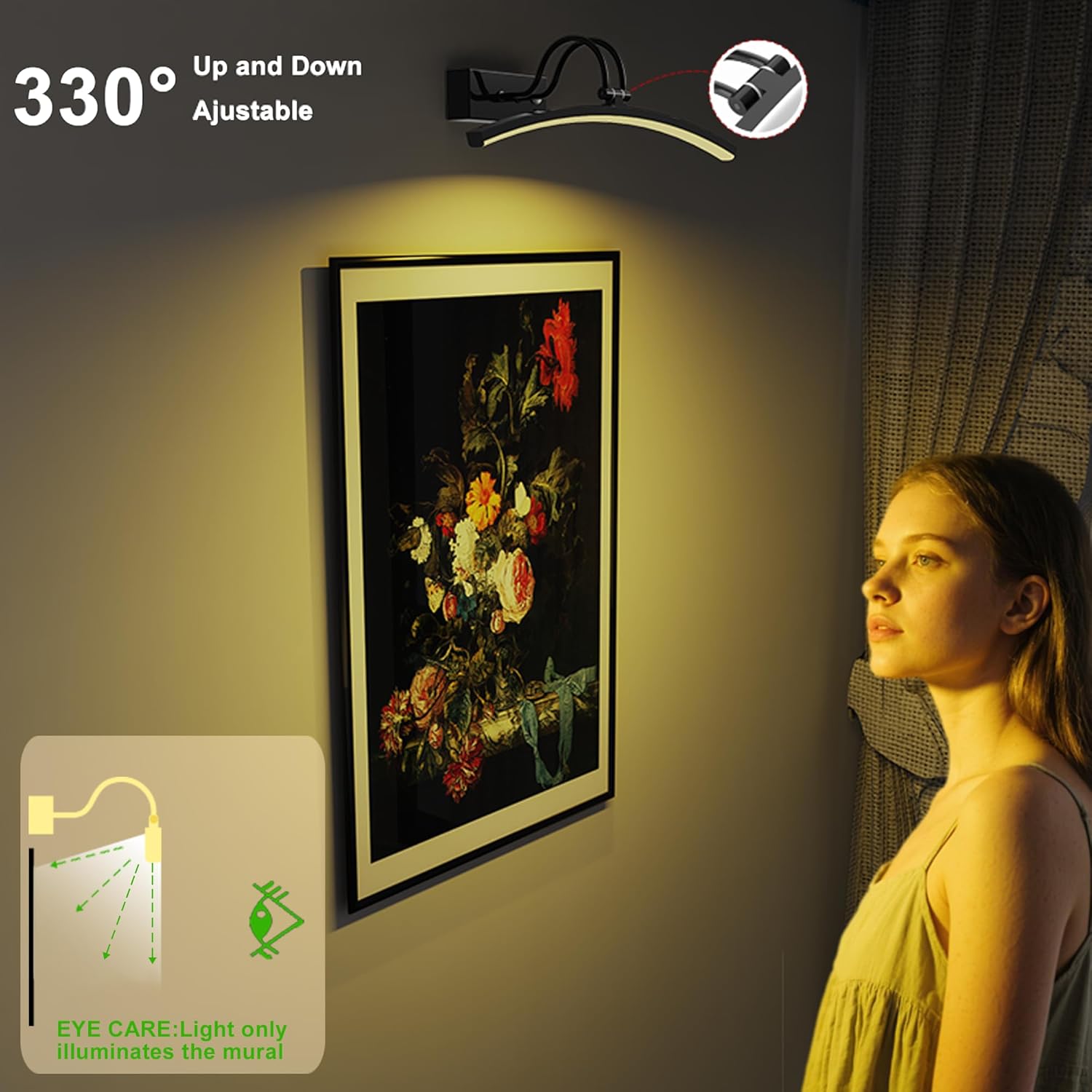 PAIHOME Lights for Pictures on Wall, Rechargeable Picture Light with Smart Motion Sensor, Remote Dimmable & Timer, ‌16in Wireless Black Art Lighting for Paintings Canvas, Gallery, Portraits