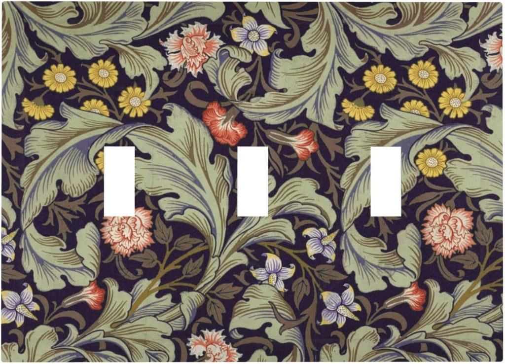 Boho William Morris Floral Green Leaves Flower Decorative Switch Plates 3 Gang Wall Plate Triple Toggle Light Switch Cover Faceplate Electrical Wall Panels for Farmhouse Home Decor