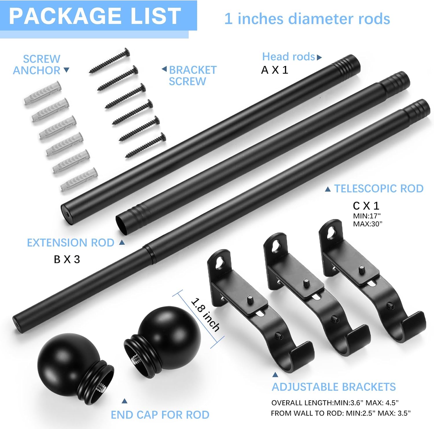 Curtain Rods for Windows 16 to 76 Inches, Curtain Rod Max Adjustable Length of 88 IN, 1" Diameter Drapery Rods Round Finials, Black, Pack of 1