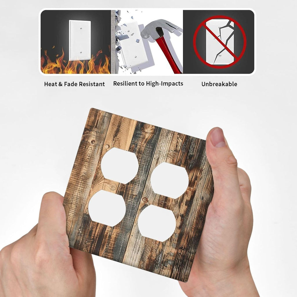 Outlet Covers Rustic Brown Wood Pattern Splice Plank 2 Gang Double Duplex Decorative Light Switch Covers Electrical Wallplates Socket Faceplate For Farmhouse Cabin Decor
