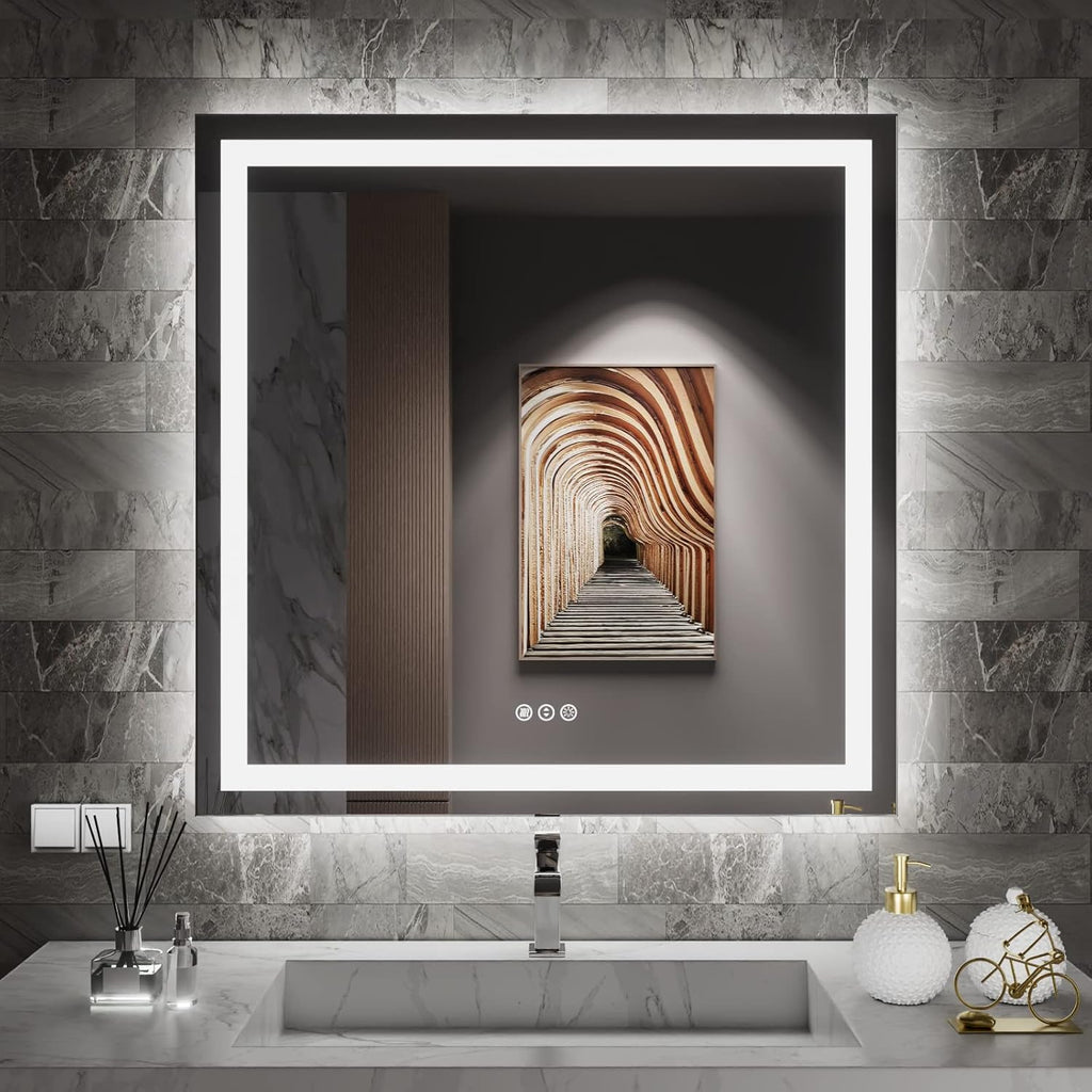 Amorho LED Bathroom Mirror, 38'' X38'' with Front and Backlit, Stepless Dimmable Wall Mirrors with Anti-Fog, Shatter-Proof, Memory, 3 Colors, Double LED Vanity Mirror