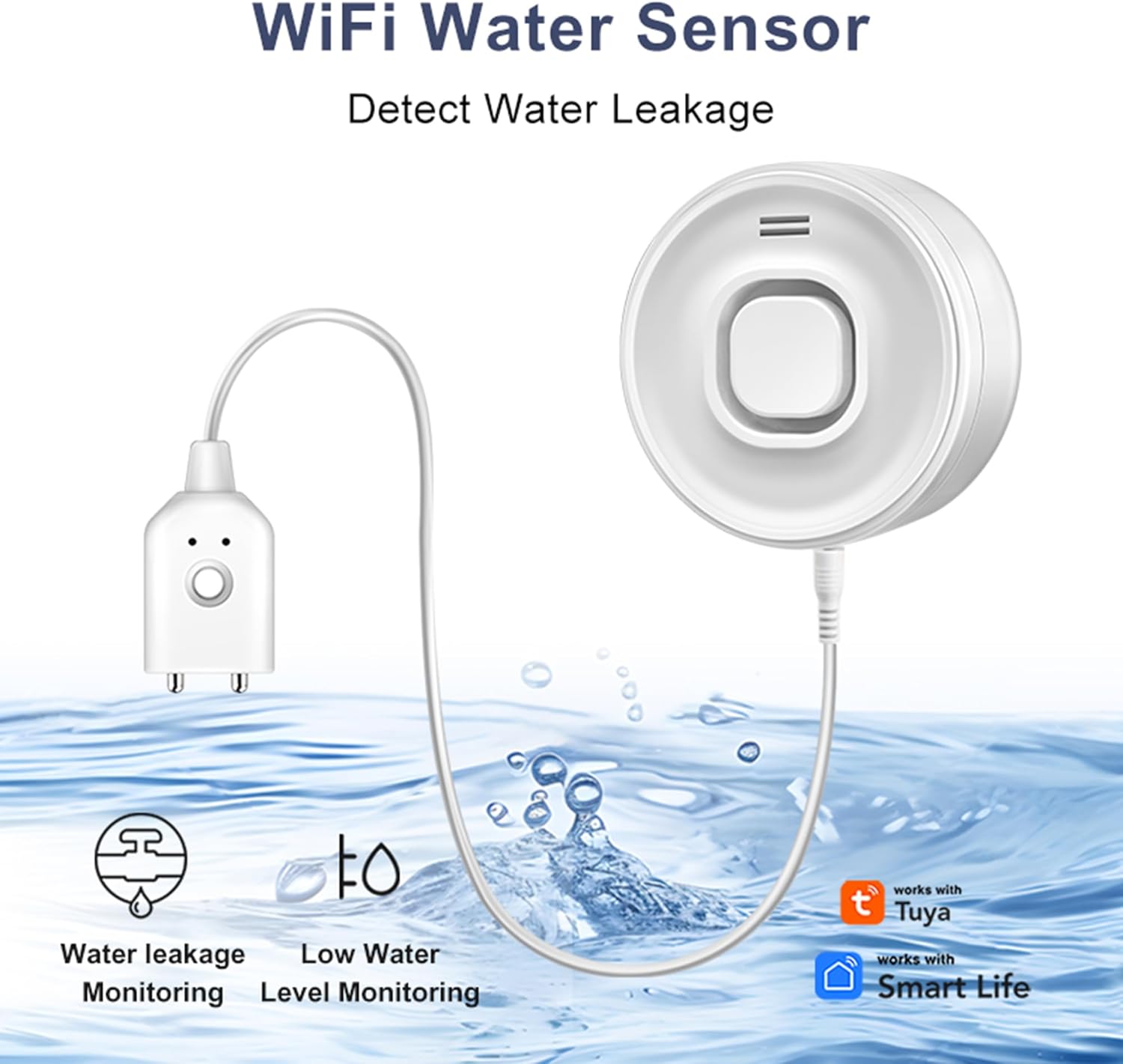 WiFi Water Leak Detectors for Home with Tuya APP Push and 100dB Sound Alarm, Suit for Warehouse, Basement, Kitchen, Laundry Room, Compatible with Alexa&Google Assistant (Support WiFi 2.4G)