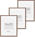 16x20 Picture Frames Set of 3, 16 x 20 Solid Oak Wood Frame for Wall, 16 x 20 Picture Frame with Tempered Glass, 16x20 Frame Matted to 11x14, Rustic Wood 16 by 20 Frames, Walnut Color