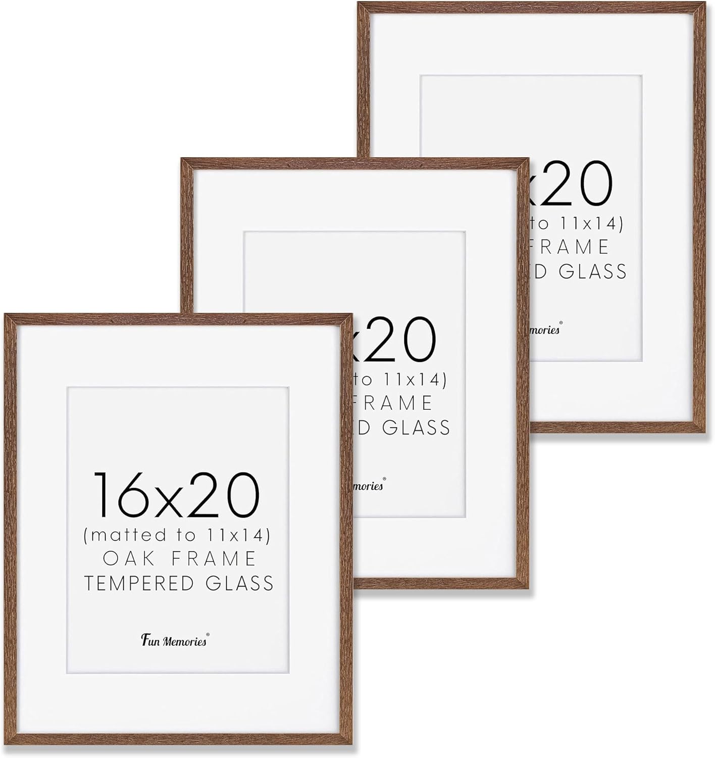 16x20 Picture Frames Set of 3, 16 x 20 Solid Oak Wood Frame for Wall, 16 x 20 Picture Frame with Tempered Glass, 16x20 Frame Matted to 11x14, Rustic Wood 16 by 20 Frames, Walnut Color