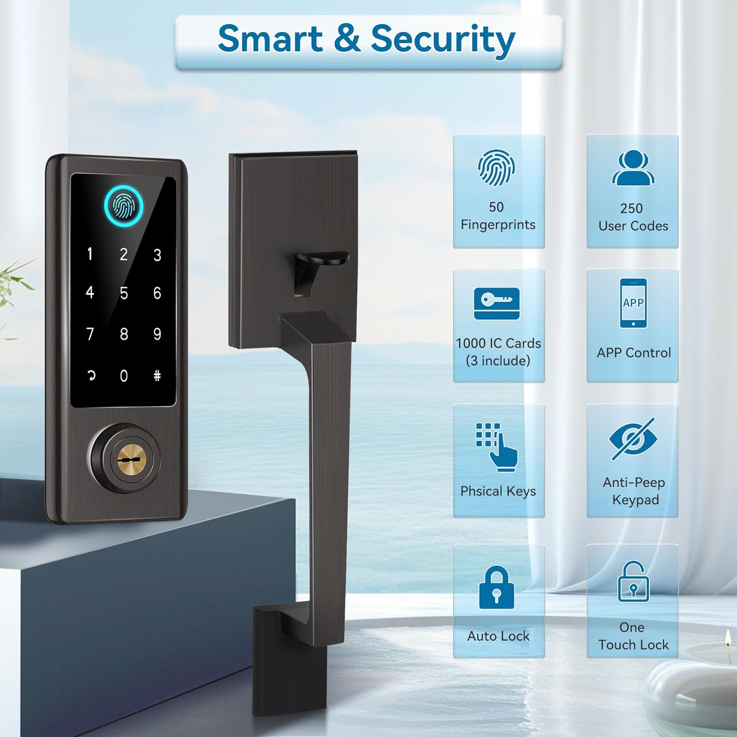 Fingerprint Door Lock with Handle Sets, BEBASIA Keyless Entry Door Lock, Bluetooth Front Door Lock Set, Smart Deadbolt, Electronic Keypad Digital Lock with Handle, Aged Bronze