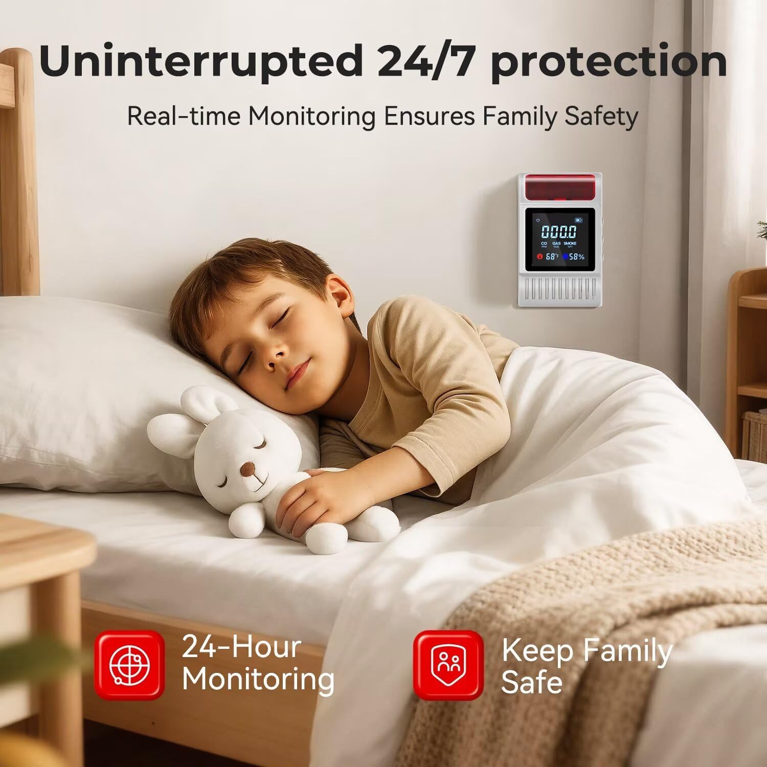 6-in-1 Smoke and Carbon Monoxide Detectors Plug in, Gas Leak Detector with Battery Backup Slot, Adjustable Brightness & Volume Levels, Smoke Alarm with Temp/Humidity for Home, RV, Travel(MR818,1-Pack)