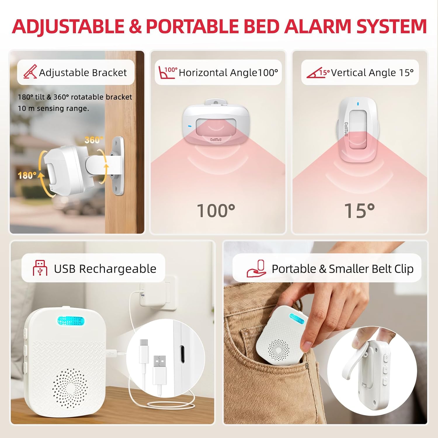 CallToU Bed Alarms for Elderly/Dementia Patients who Wander, Portable Pager & Sensor with Vibration and Silent Alert Features, Fall Prevention Alert for Home Hospital Care, Room Monitor.