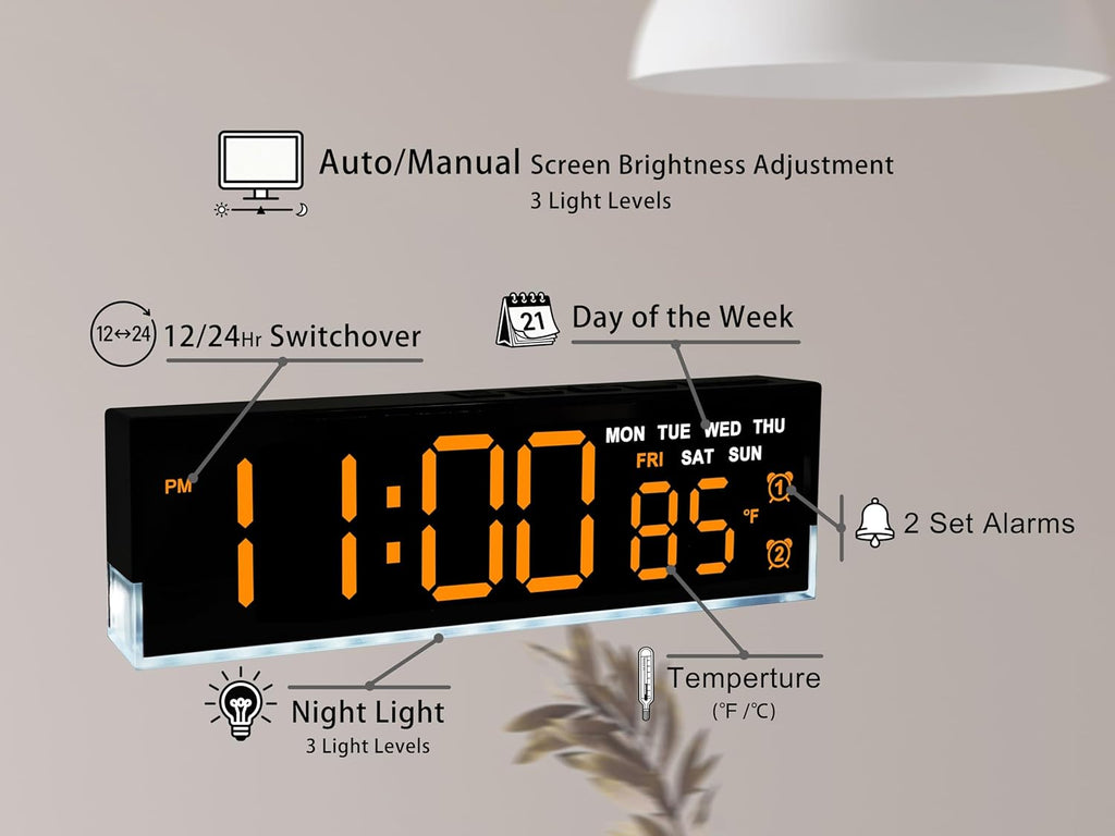 zyzamay 7-Inch Modern LED Digital Alarm Clock with Dual Alarms & Soft Bottom Light｜Displays Time, Date, Day, Temperature｜3-Level Auto/Manual Brightness,DST, USB or Battery Powered Desk Clock,Orange