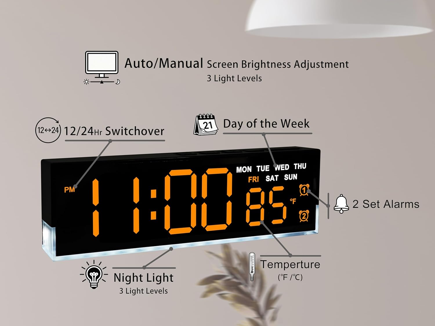 zyzamay 7-Inch Modern LED Digital Alarm Clock with Dual Alarms & Soft Bottom Light｜Displays Time, Date, Day, Temperature｜3-Level Auto/Manual Brightness,DST, USB or Battery Powered Desk Clock,Orange