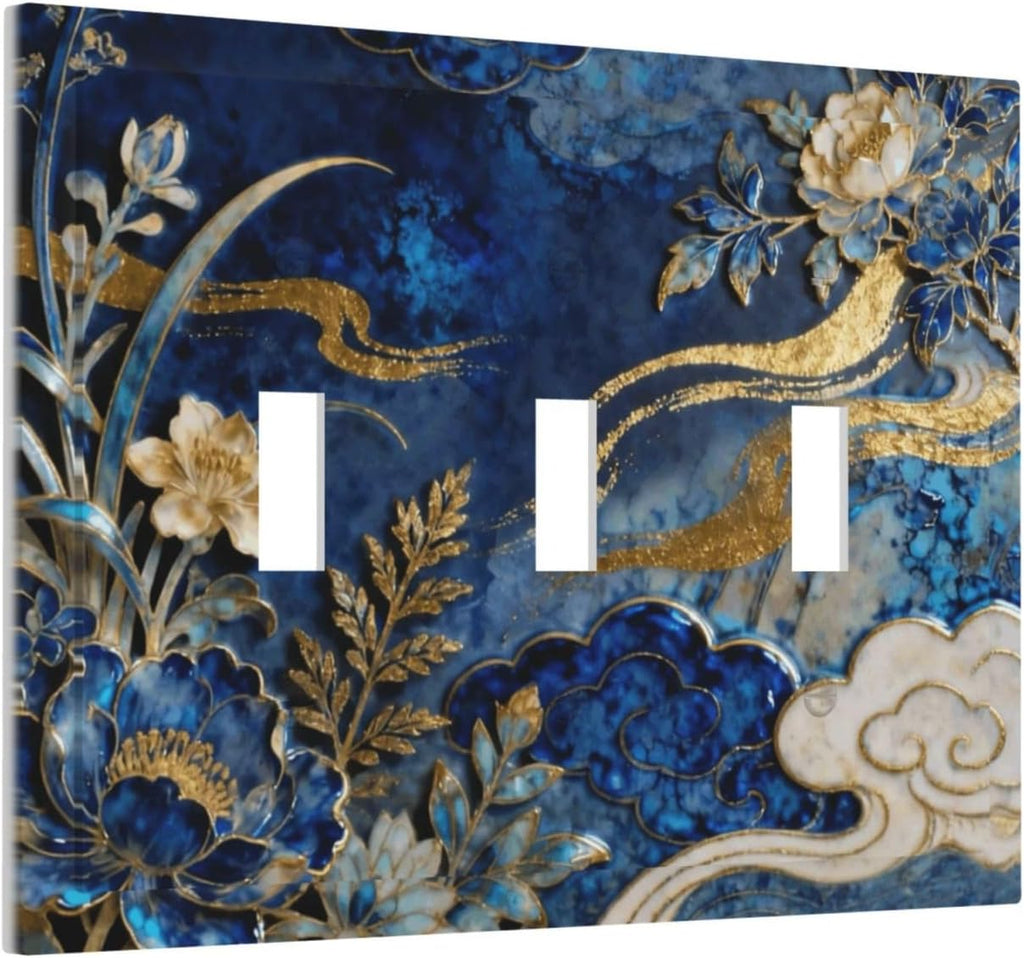 Decorative Light Switch Cover Plate Blue White Flower Gold Line Cloud 3 Gang Wall Plates for Electrical Outlets Triple Toggle Switch Plate Covers Outlet Covers Faceplate for Home Decor