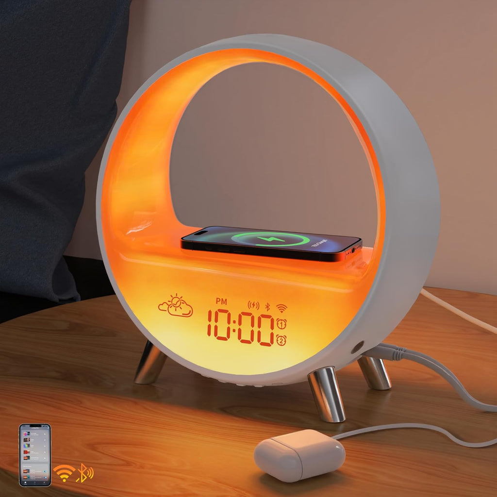 MOMILLA Sunrise Alarm Clock with Wireless Charging & Bluetooth Speaker, Compatible with Airpods/iPhone, Smart APP Control, Sound Machine, Night Light Bedrooms, Alarm Clocks for Heavy Sleepers Adults