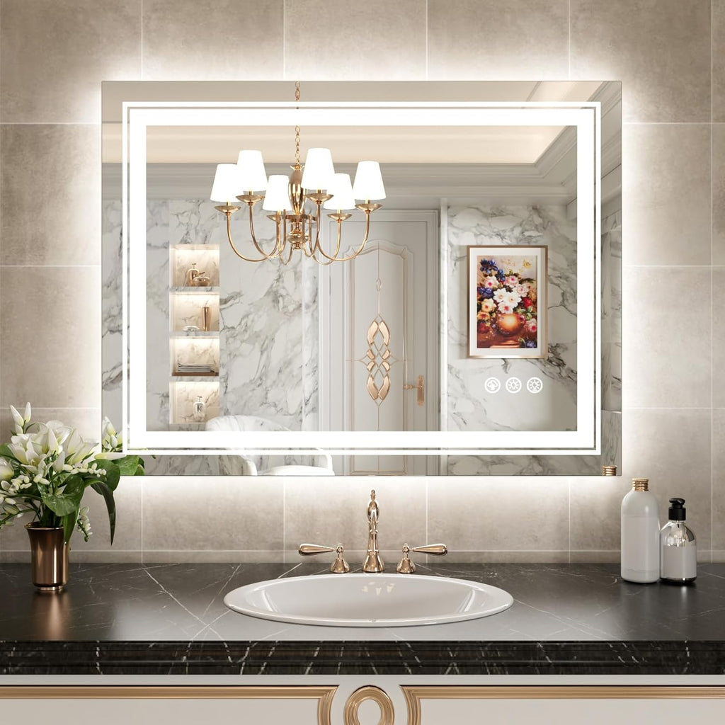 WTTY LED Bathroom Mirror 40"x36" with RGB Backlit and Front Light,Stepless Dimmable LED Mirror for Bathroom,Lighted Bathroom Vanity Mirror,Anti-Fog,Memory Function,Shatter-Proof,Wall Mounted