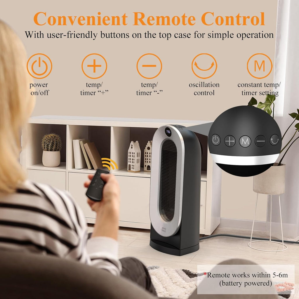 Minthouz Space Heater, 1500W Electric Portable Heaters for Indoor Use with Thermostat, Fast Heating, 70° Oscillating, 3 Heat Settings, Carry Handle, 12H Timer Ceramic Heat for Office, Bedroom, Home