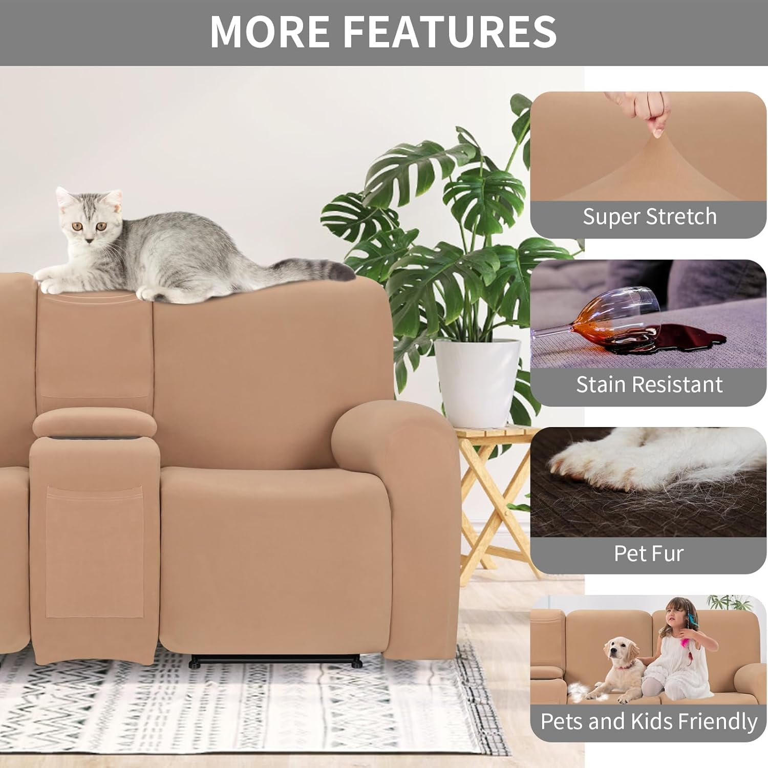 Easy-Going 100% Waterproof Recliner Cover Additional Seat Cover for Reclining Couch, Stretch Sofa Covers Washable Furniture Protector for Kids & Pets, 1 Seat, Camel