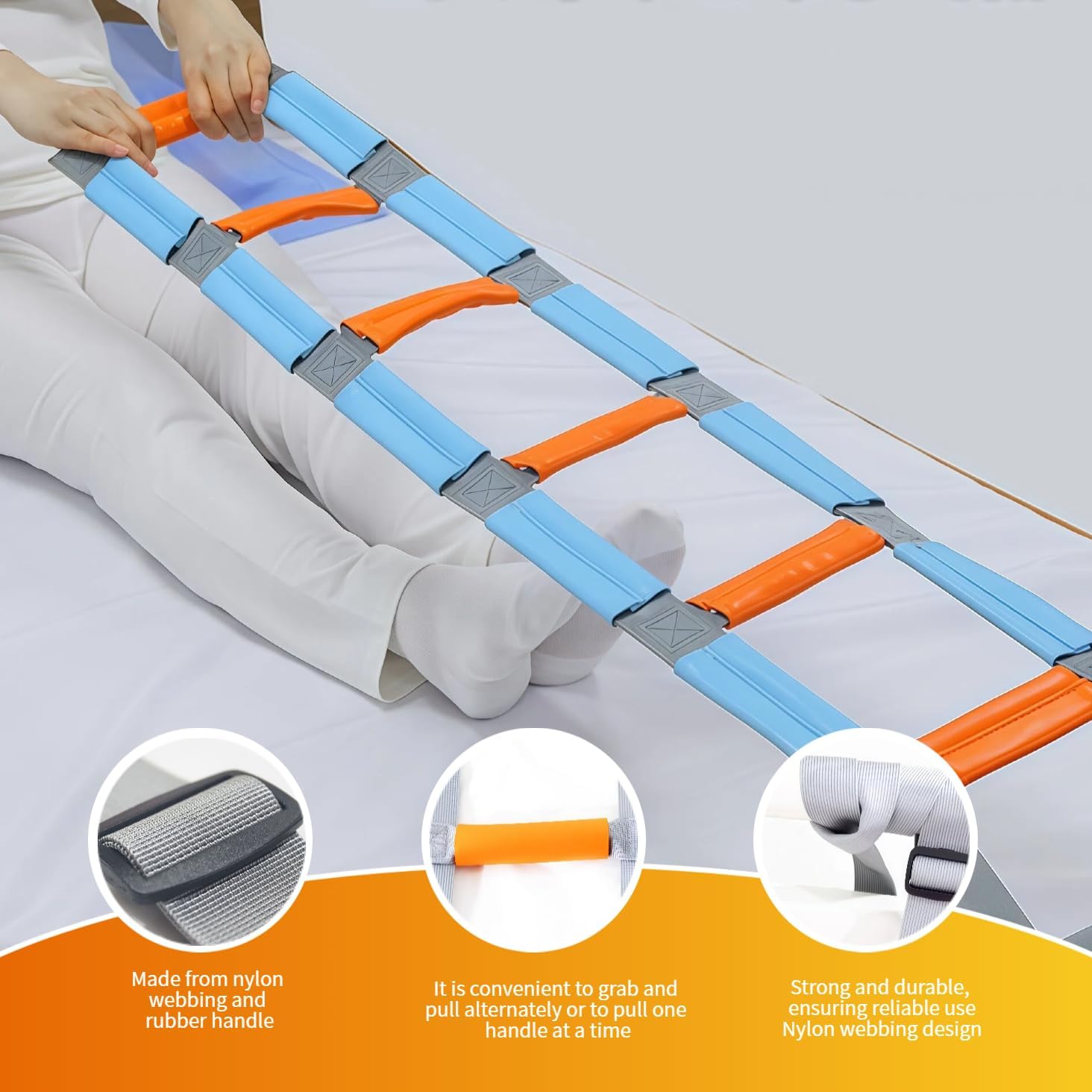 Bed Ladder Assist with Soft Handle Grips Assist Device with Handle Strap Sit Up Hoist Adjustable Length Assistant to Get Out of Bed for Seniors Handicapped Injured（Blue）
