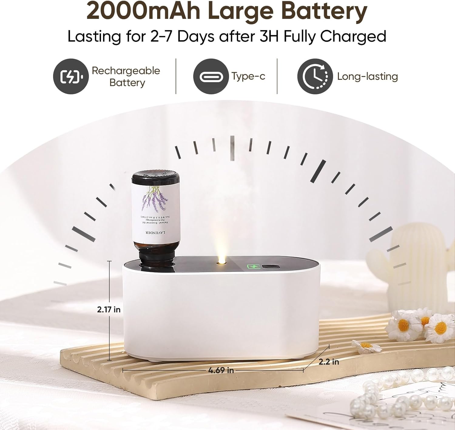 Waterless Diffuser for Essential Oil, Battery Operated Scent Air Aromatherapy Diffuser, Mini Aroma Diffusers with 3 Intermittent Mist Modes, Cycle Start for 400-700 sq.ft Home Office Bedroom