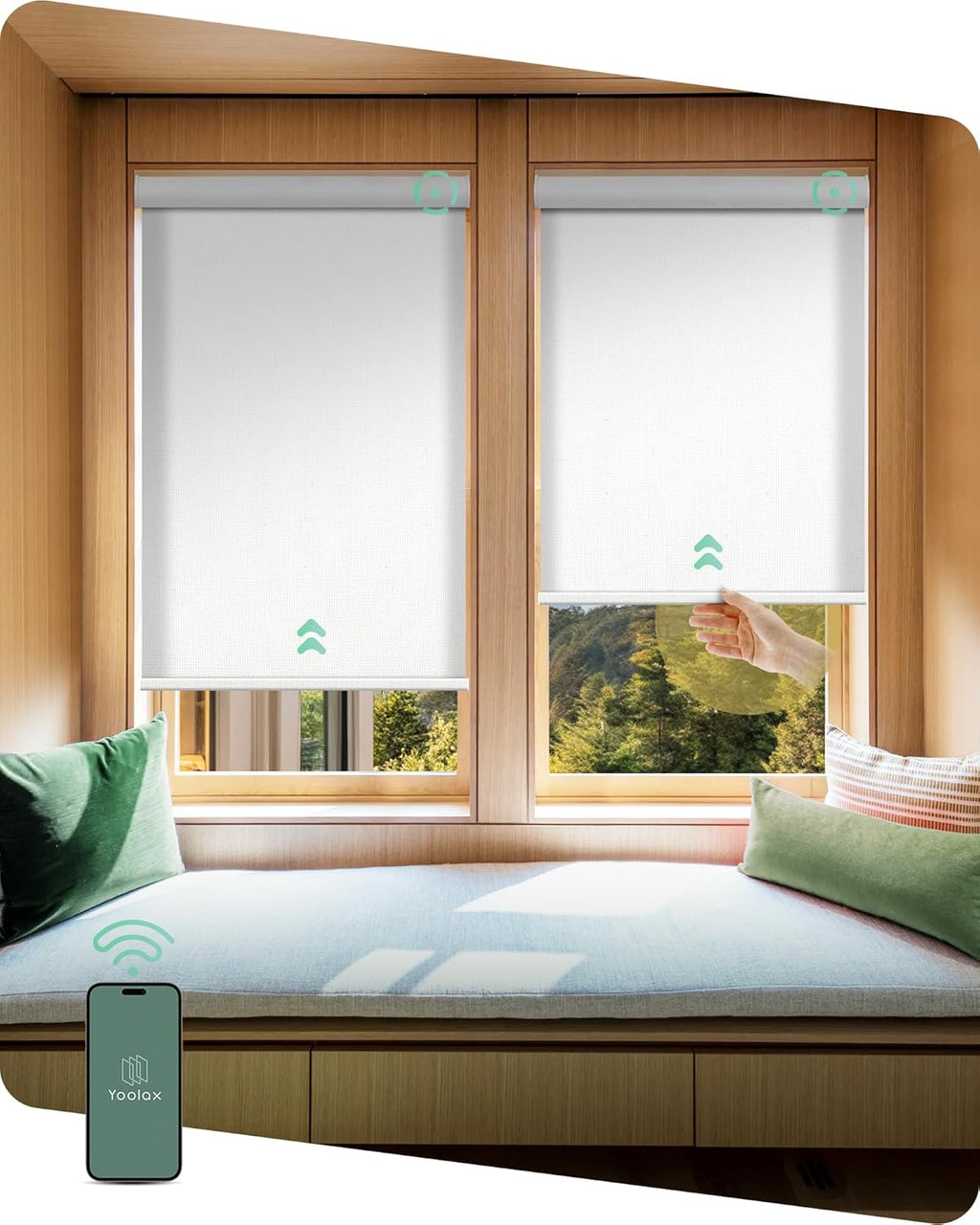 Yoolax Motorized Shades Dual Control, MotionFlex Motorized Roller Shades with App & Manual Control, Pull Down Automatic Shades for Indoor Windows, Custom Size(Light Filtering Pure White)