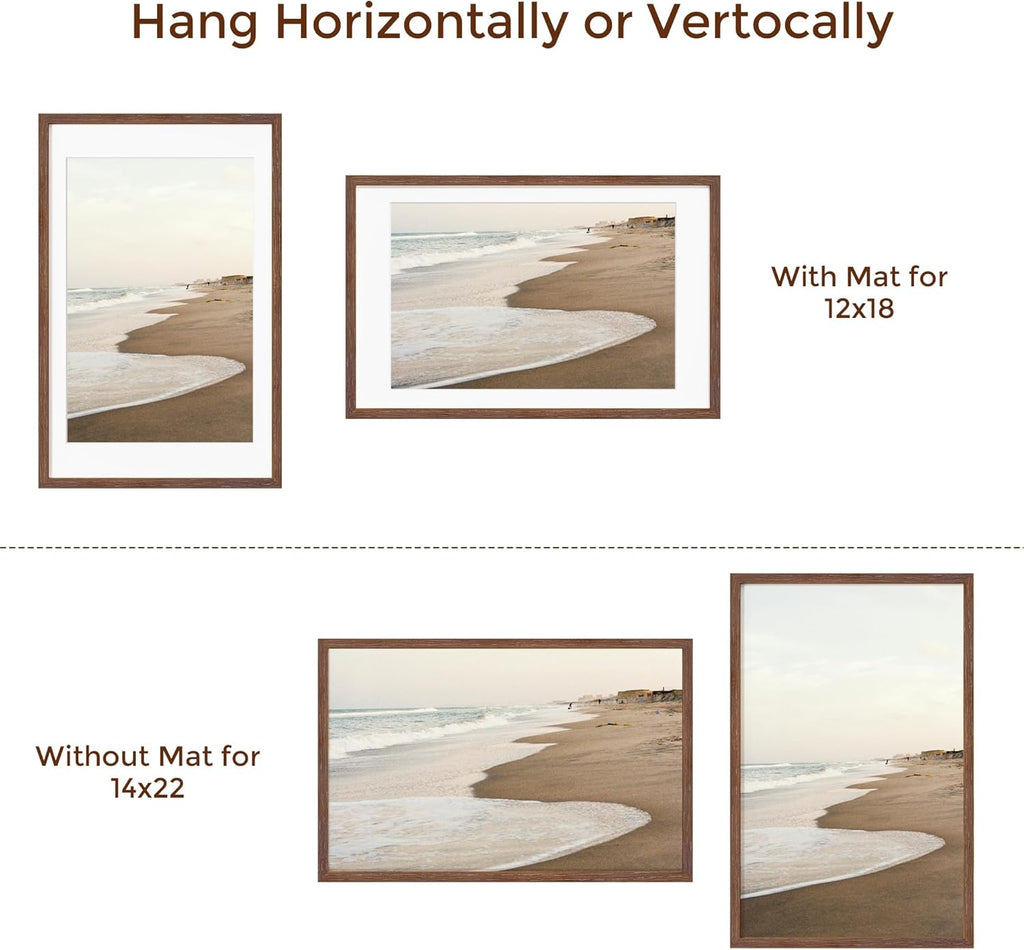 Fun Memories 14x22 Oak Wood Picture Frame, 14"x22" Picture Frame Matted to 12"x18", Photo Frame 14 x 22 with Real Glass, 14x22 Wood Frame for Vertical or Horizontal Hanging (Walnut Color, 1 Pack)
