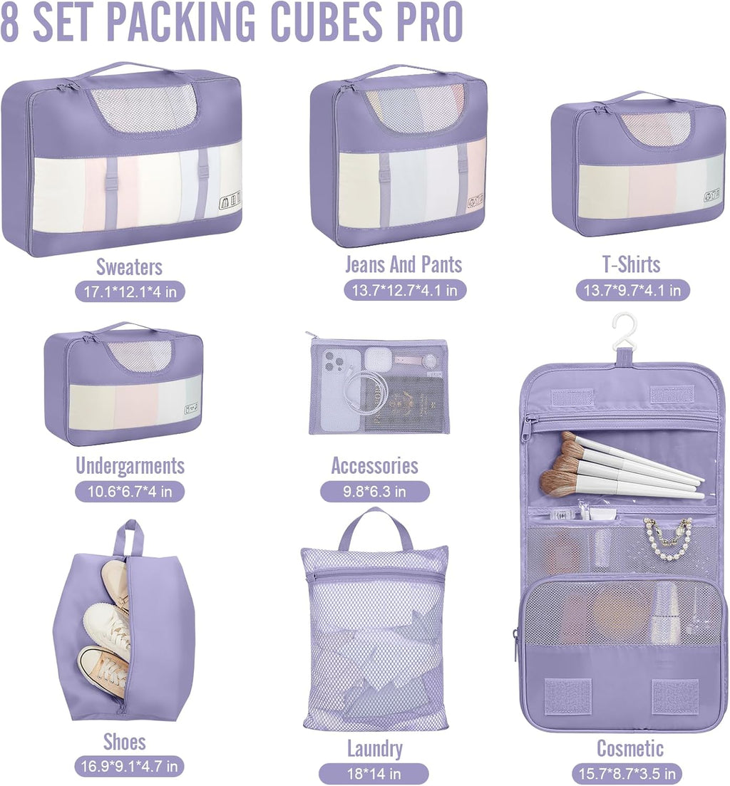 Veken 8 Set Packing Cubes for Travel Essentials, Suitcase Organizer Bags in 4 Sizes, Carry-On Luggage Accessories with Large Laundry & Hanging Toiletry Bag, Must-Have for Airplane, Road Trip & Camping