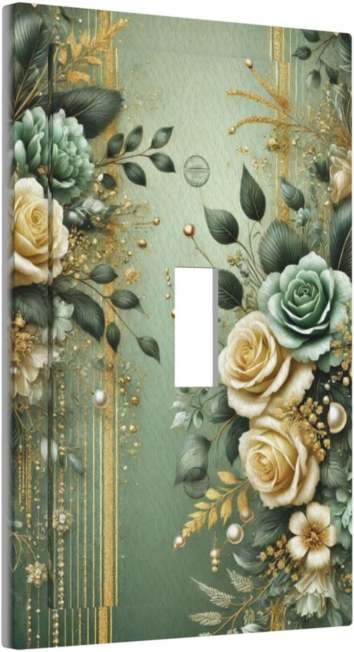 Decorative Light Switch Cover Plate Rustic Green Floral Leaves Teal Flowers Gold Stripe 1 Gang Wall Plate Oversized Single Toggle Wall Cover Plate Jumbo Switchplate Faceplate
