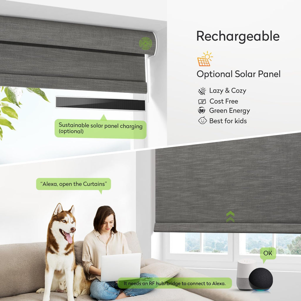 ZSTARR Motorized Blackout Roller Blinds with Remote Control,Rechargeable Smart Window Shades Compatible with Alexa Google via Hub,Fabric Wrapped Valance, Custom Size (Dark Gray)