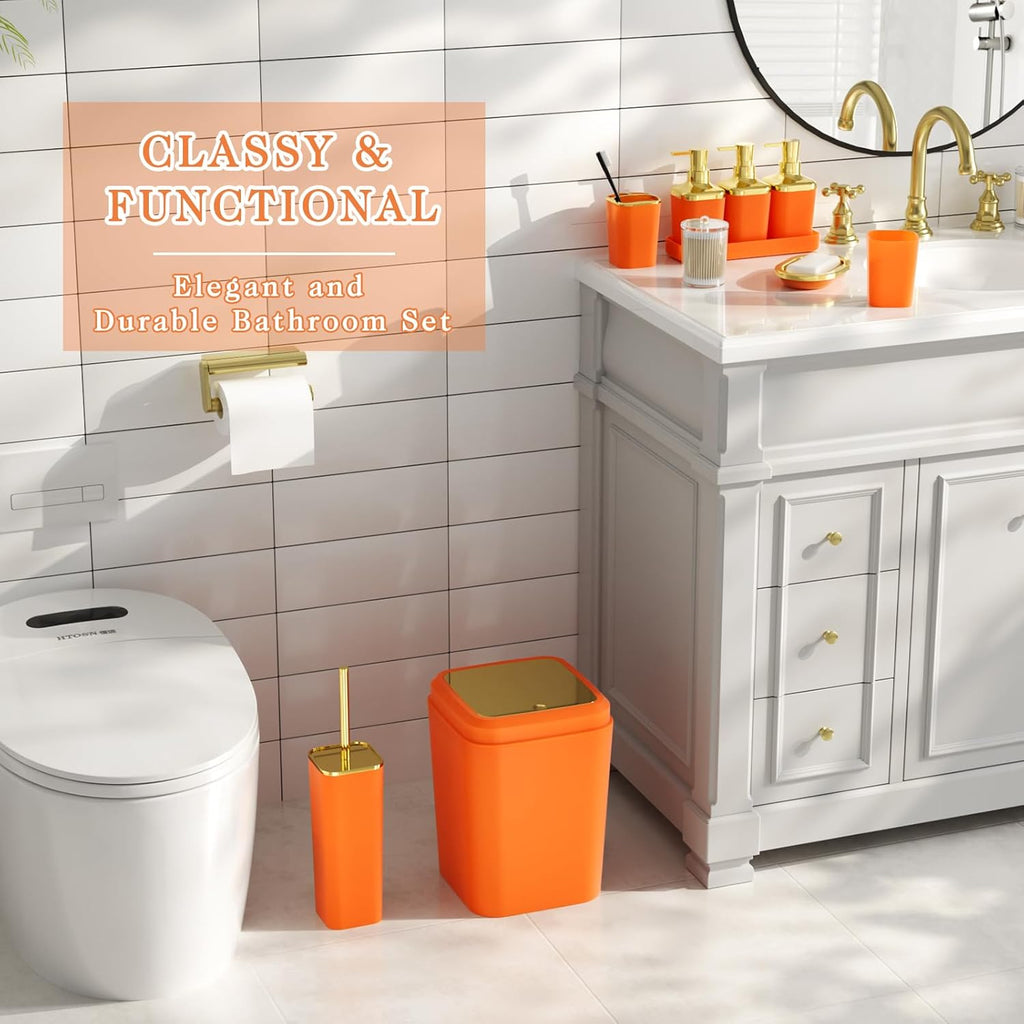 Bathroom Accessory Set, 11PC Bathroom Set, Orange Bathroom Accessories, Bathroom Accessories Set with Trash Can, 3PC Soap Dispensers and Toilet Brush