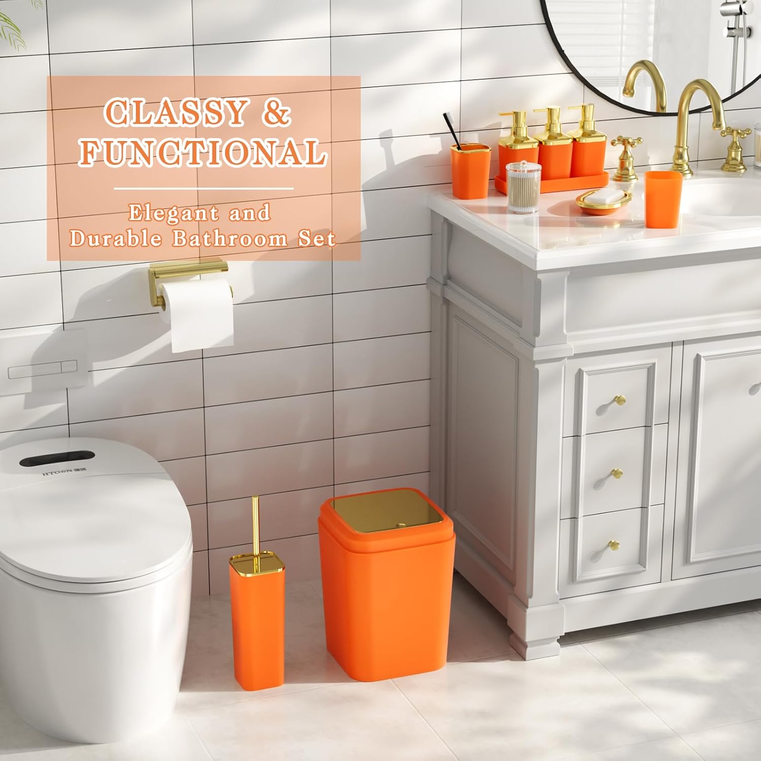 Bathroom Accessory Set, 11PC Bathroom Set, Orange Bathroom Accessories, Bathroom Accessories Set with Trash Can, 3PC Soap Dispensers and Toilet Brush