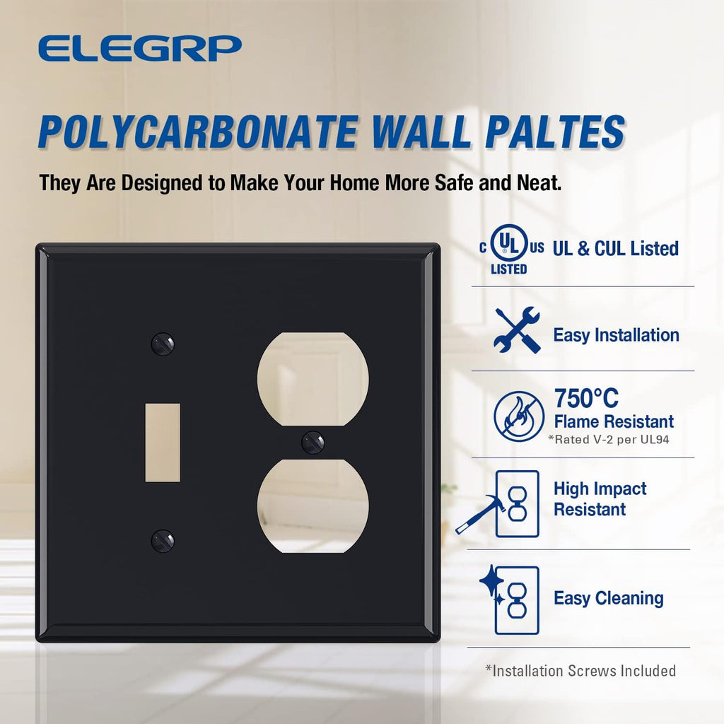 Combination Wall Plate ELEGRP 1-Toggle Light Switch 1-Duplex Receptacle Outlet Combination Wall Plate Cover, Mid-Size 4.88" x 4.94" Unbreakable Thermoplastic Faceplate Cover, UL Listed (2 Pack, black)
