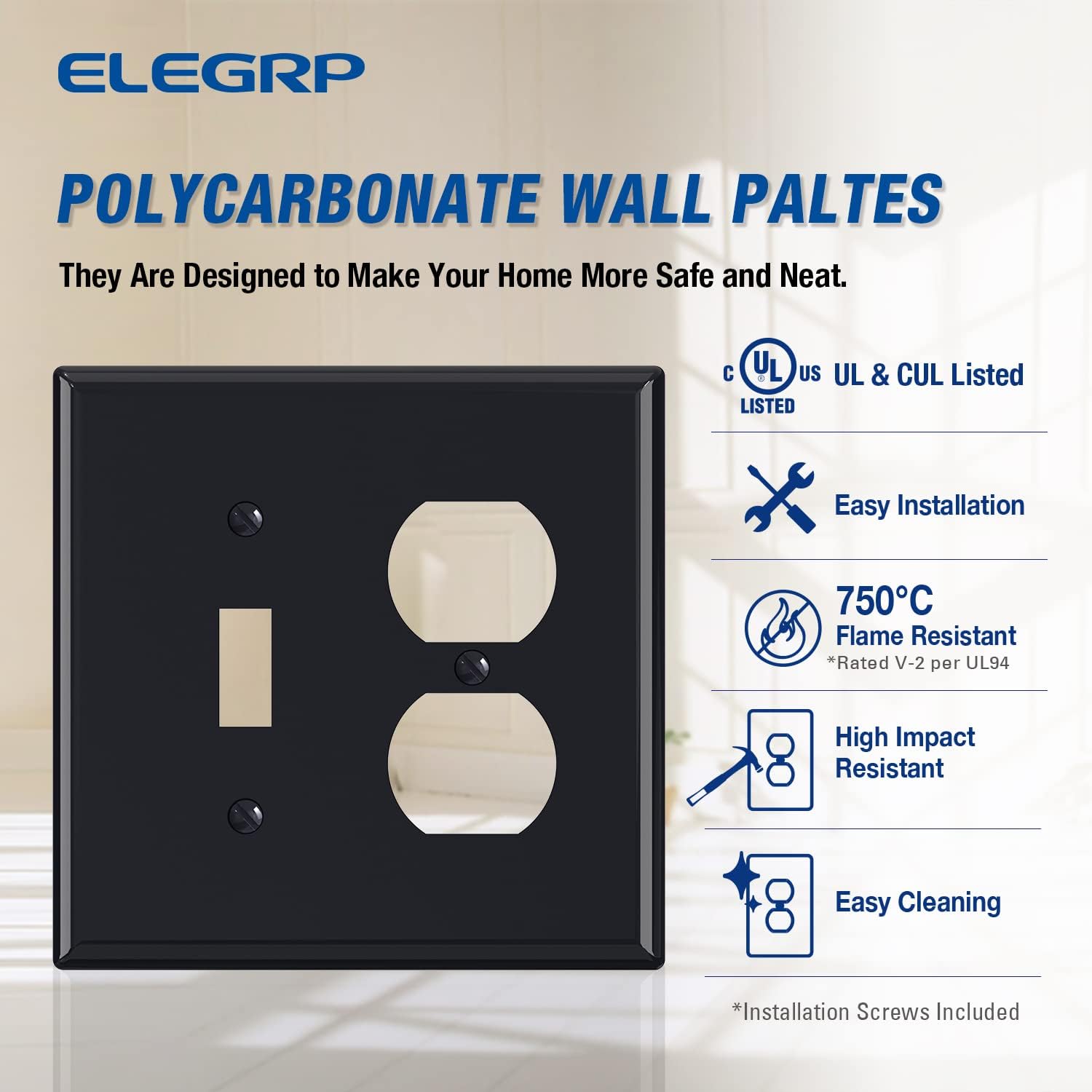 Combination Wall Plate ELEGRP 1-Toggle Light Switch 1-Duplex Receptacle Outlet Combination Wall Plate Cover, Mid-Size 4.88" x 4.94" Unbreakable Thermoplastic Faceplate Cover, UL Listed (2 Pack, black)
