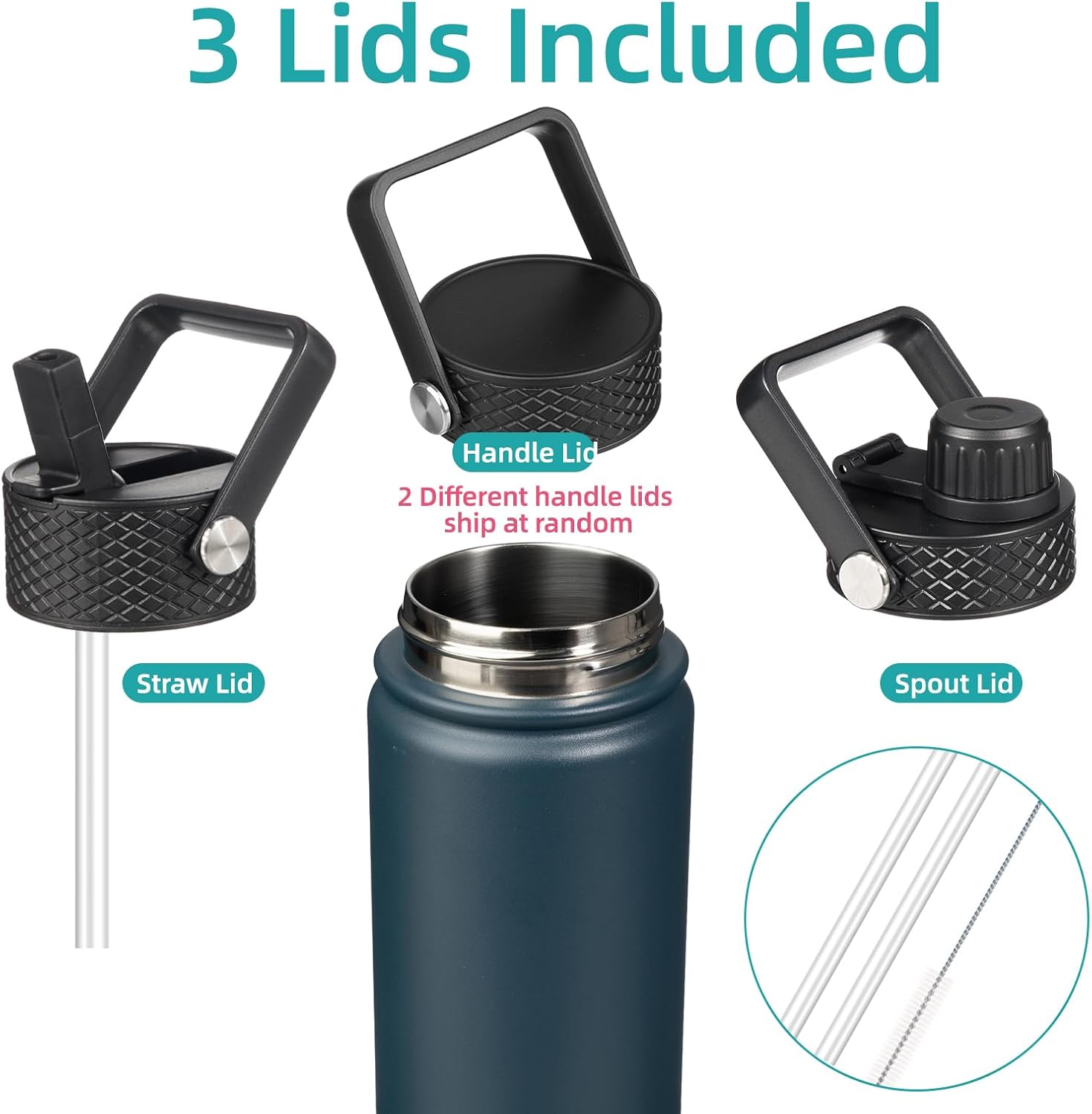 18 oz Insulated Water Bottle Stainless Steel Sport Bottles with 3 Lids,Navy Blue