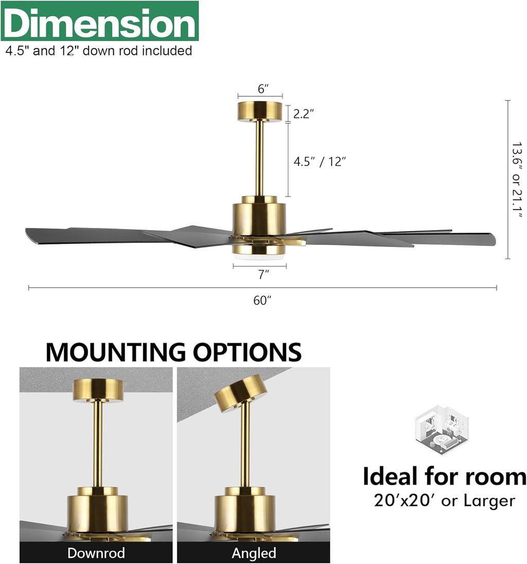 WINGBO 60" DC Ceiling Fan with Lights and Remote Control, Gold and Black Ceiling Fan, 8 Plywood Blades, 6-Speed Reversible DC Motor, Modern Ceiling Fans Indoor for Kitchen Bedroom Living Room