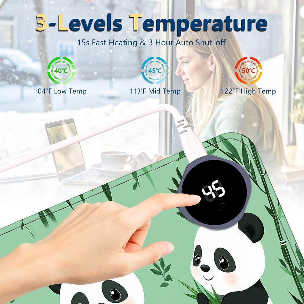 Heated Mouse Pad with 3 Temperature Settings(104°F–122°F),Large 31.5x13 Inch PU Leather Heated Desk Mat,Waterproof Warming Pad for Office,Gaming & Cold Hands Relief,Cute Three Pandas