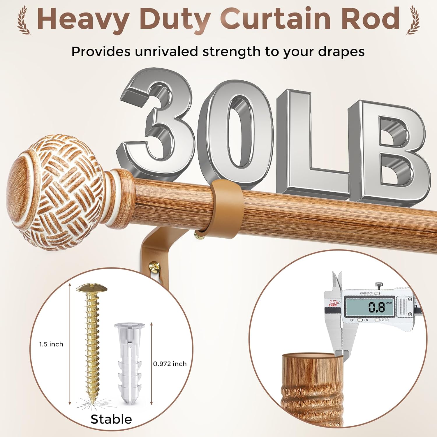 Wood Curtain Rods for Windows 48 to 84 Inches, Decorative 1'' Diameter Heavy Duty Adjustable Rustic Farmhouse Drapery Pole with Boho Imitation Wood Grain Finials, Size: 30''-88''