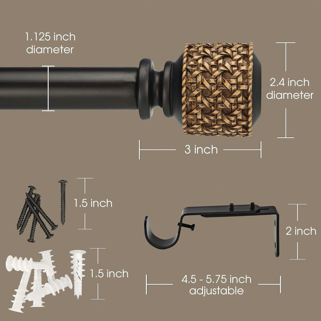 1-1/8 Inch Diameter Dark Bronze Curtain Rods with Faux Rattan Cane Woven Finials, 72-144'' Telescoping Single Curtain Rods for window width 68-140 inch, 1 pack