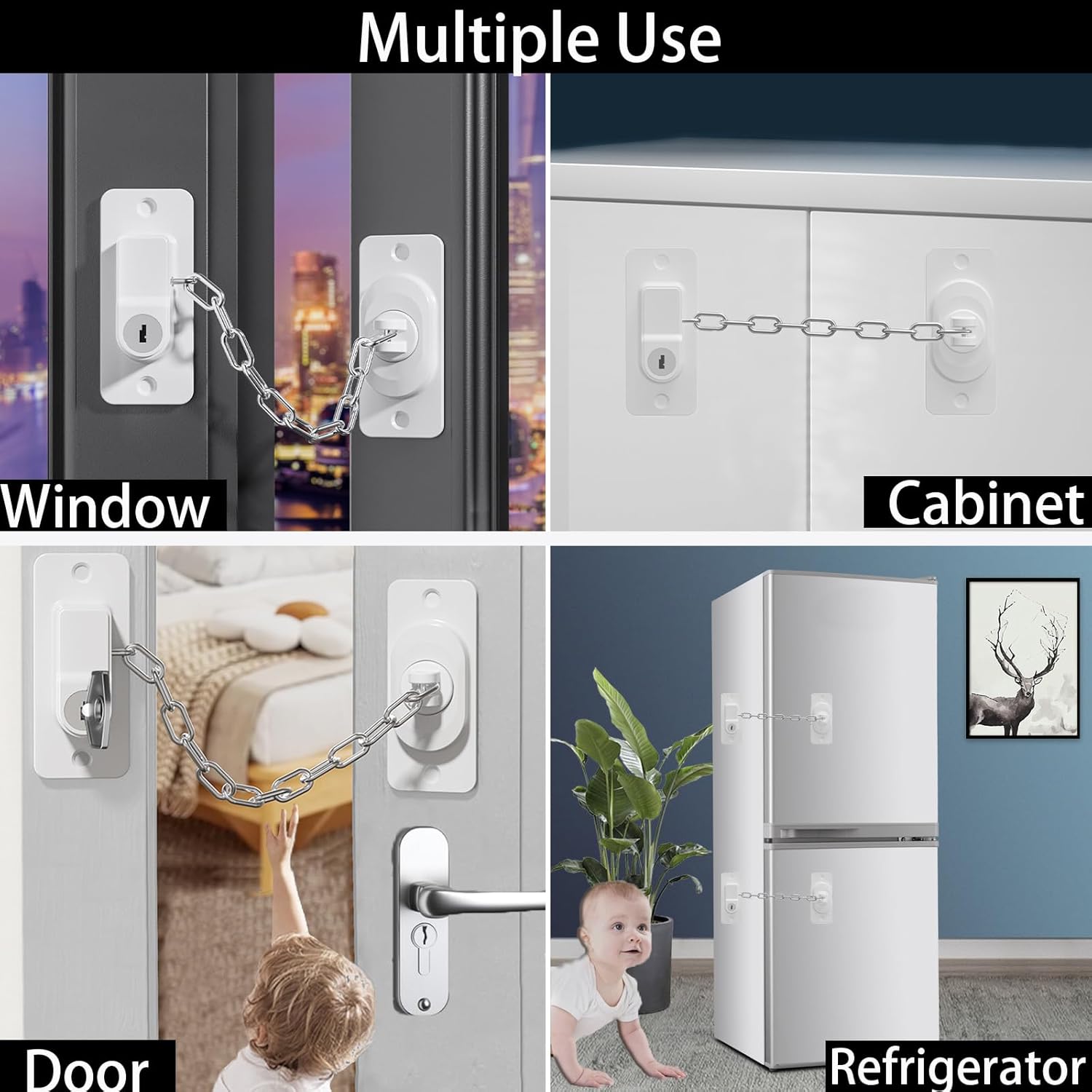 CMINGJ (3 Pack) Child Safety Locks, Adjustable Refrigerator Lock with Keys, for Fridge, Door, Drawers, Toilet and Child Safety Cabinet Lock, door lock, window lock for Kids and Toddlers (White)
