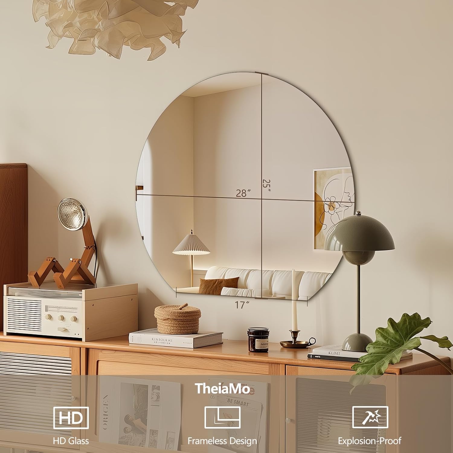 Half Moon Bathroom Mirror 28", Modern Frameless Wall Mirror, Hanging Decorative Vanity Mirror, Minimalist Explosion Proof Semi Circle Mirror for Living Room Bedroom Entryway, Down Cut