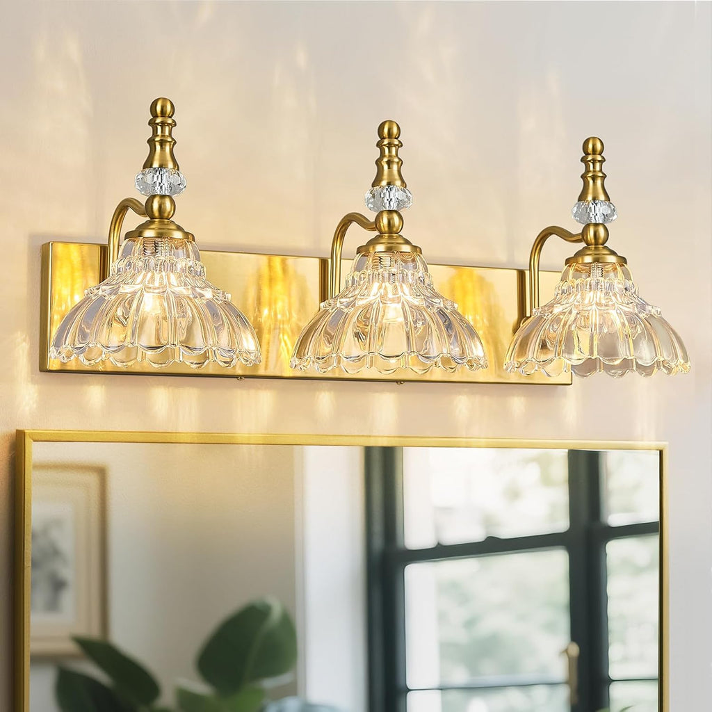Vintage Bathroom Vanity Light, 3-Light Gold Vanity Lighting Fixture with Flower Glass Shade, Bathroom Lighting Fixtures Over Mirror