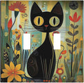 Funny Cat Retro Abstract Flowers Kitten Decorative Switch Plates 2 Gang Double Toggle Outlet Light Switch Cover Wall Plate Electrical Faceplate For Kids Room Bed Room Decor