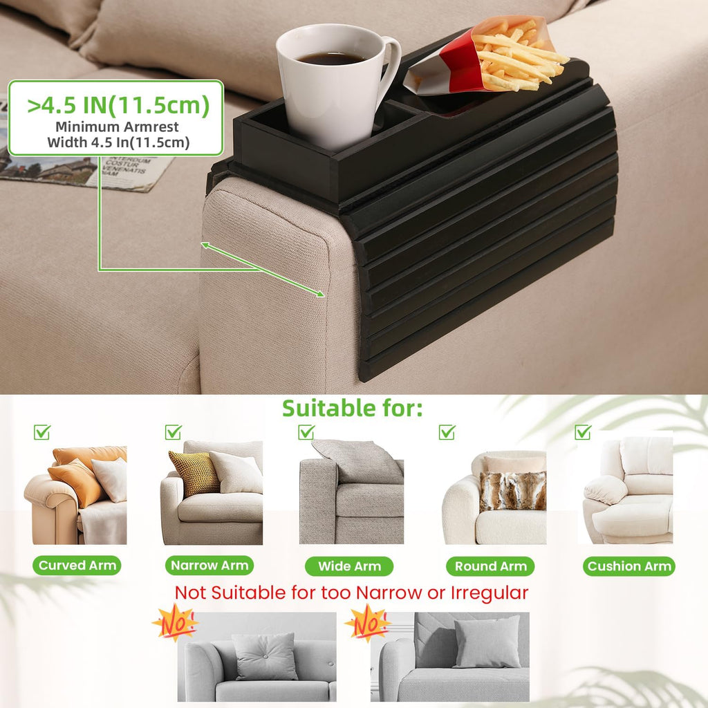 GEHE Couch Cup Holder, Anti Falling Sofa Arm Tray, Natural Bamboo Sofa Cup Holder More Safe for You Family, Portable Couch Arm Tray Armrest Table for Remote, Snacks, Phone, Drinks