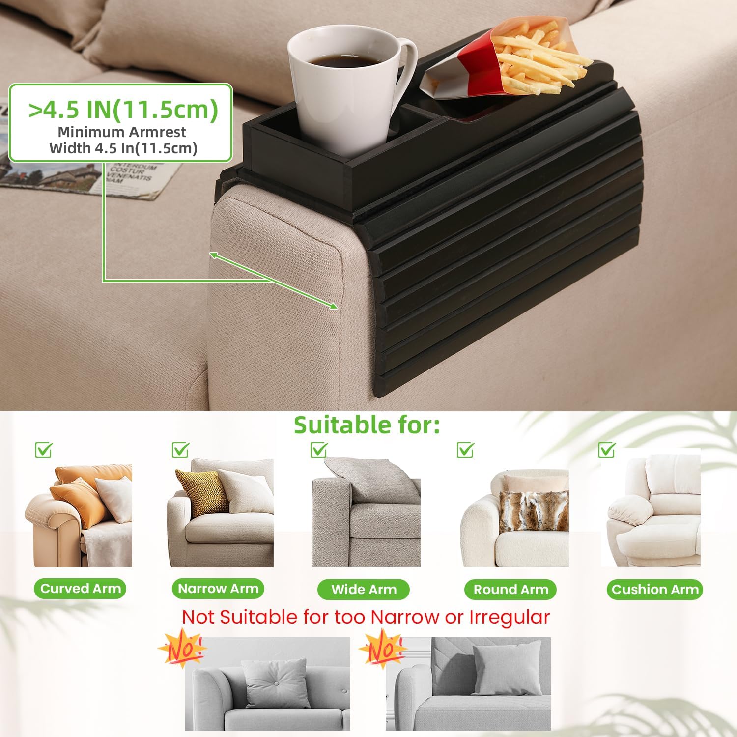 GEHE Couch Cup Holder, Anti Falling Sofa Arm Tray, Natural Bamboo Sofa Cup Holder More Safe for You Family, Portable Couch Arm Tray Armrest Table for Remote, Snacks, Phone, Drinks