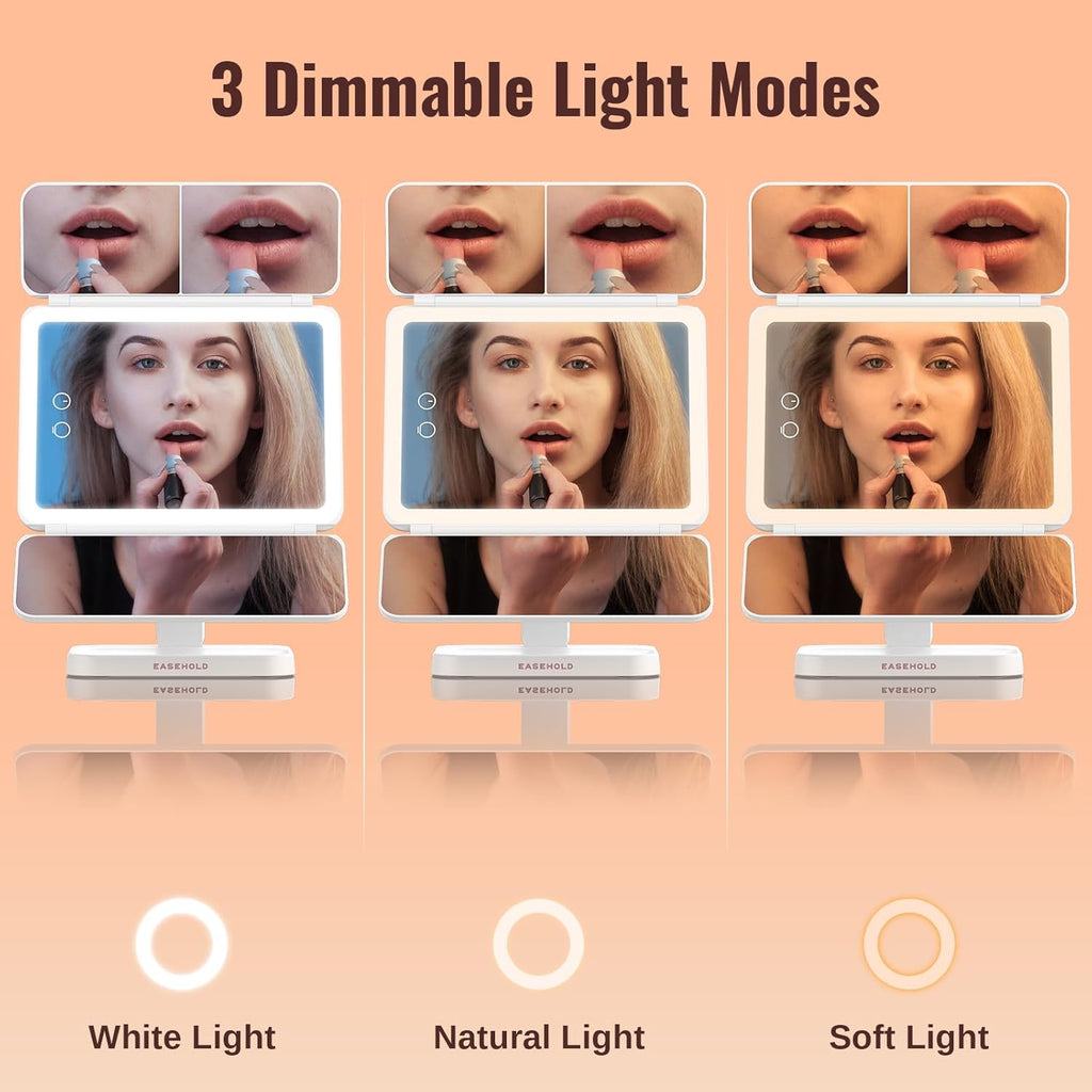 EASEHOLD Lighted Makeup Mirror, Rechargable Vanity Mirror with Magnification, 2X 3X, Trifold Makeup Mirror with Touch Control, 3 Color Dimmable LED Lights, Portable Make up Mirror, Gifts for Women