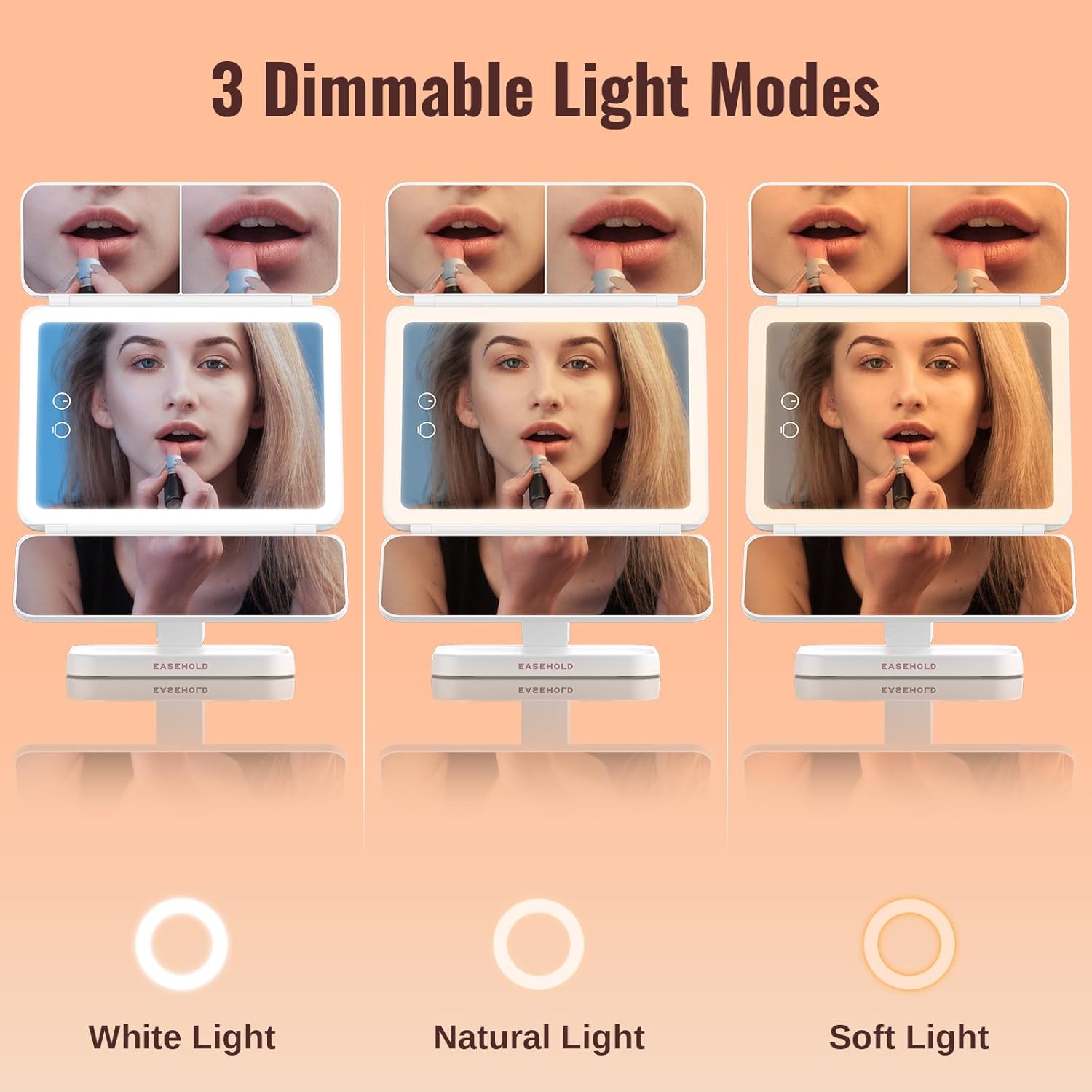 EASEHOLD Lighted Makeup Mirror, Rechargable Vanity Mirror with Magnification, 2X 3X, Trifold Makeup Mirror with Touch Control, 3 Color Dimmable LED Lights, Portable Make up Mirror, Gifts for Women